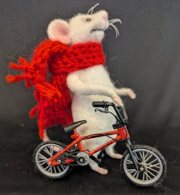 White Mouse w/Bicycle Needle Felted OOAK 2017 by SvetlanaToys