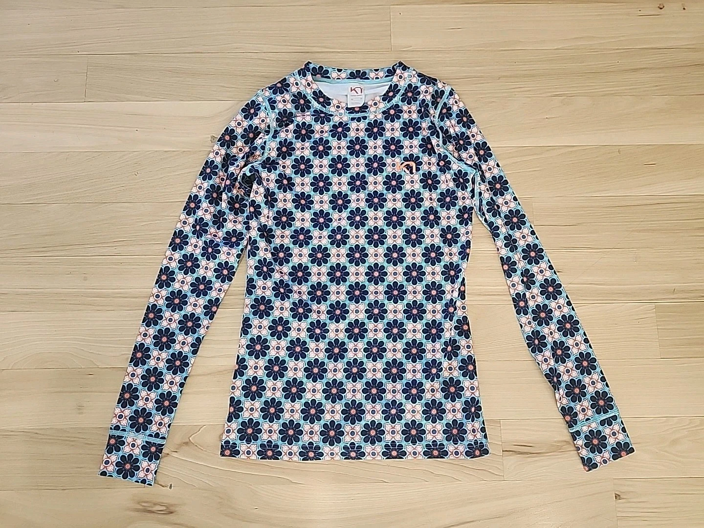 Kari Traa Can't Miss Me Base Layer Top Long Sleeve Floral Blue/Orange Euc XS