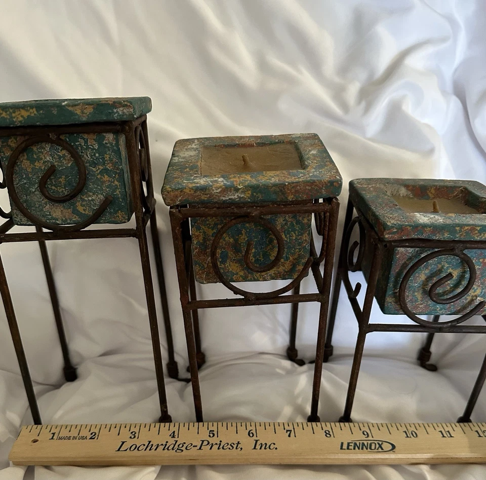 Wrought Iron Candleholders With Turquoise Ceramic  Holders w/Candles. Set Of 3 - Image 4 of 4