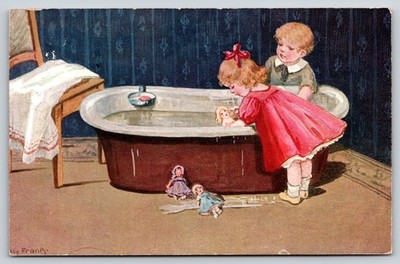 German Artist E Frank~Lil Girl & Boy Give Dolls A Bath In Bathtub~Water On Floor