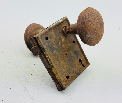 #ad Antique Steel Doorknob Lock Assembly w Knobs Vintage Reclaim Hardware $32.99