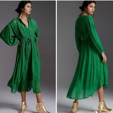 Anthropologie Dress Women Large Green Allene Shimmer Maxi Long Sleeve Drawstring