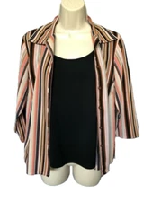 Notations Shirt w/Tank Top Size PM Stretch 3/4 Sleeve Button Up Collared Women's