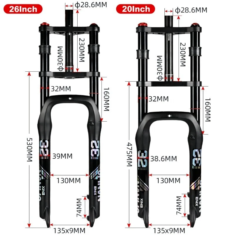 E-bike Air Supension Fork Double Shoulder MTB Snow Bike Front Fork 20/26*4.0inch - Image 3 of 4
