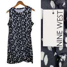 New Nine West Dress size Large stretch Ruched slimming Black white dots LBD NWT