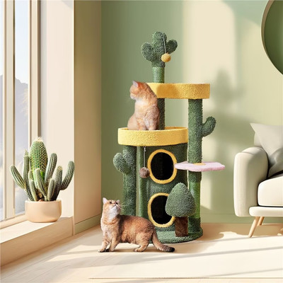 48.5" Oasis-Themed Cat Tree Tower with Perches & Condos, Green/Yellow | eBay