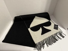 KATE SPADE Wool/Cashmere Oversized Oblong Scarf w/Fringe Black/Cream ~ One Size
