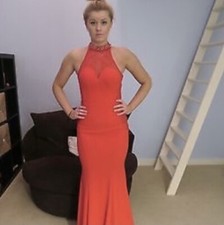 Sherri Hill Prom Dress Women’s 2/XS Long Lace Mermaid Beaded High Neck Sheer Red