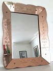 Art Deco French Venetian Peach Glass Wall Mirror, Antique Etched Glass, 1930s.