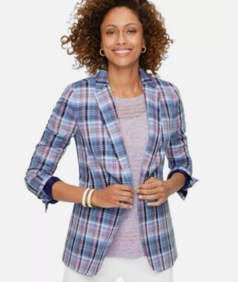 Talbots Womens 14 Classic Linen Blend Blazer Jacket Blue/Purple