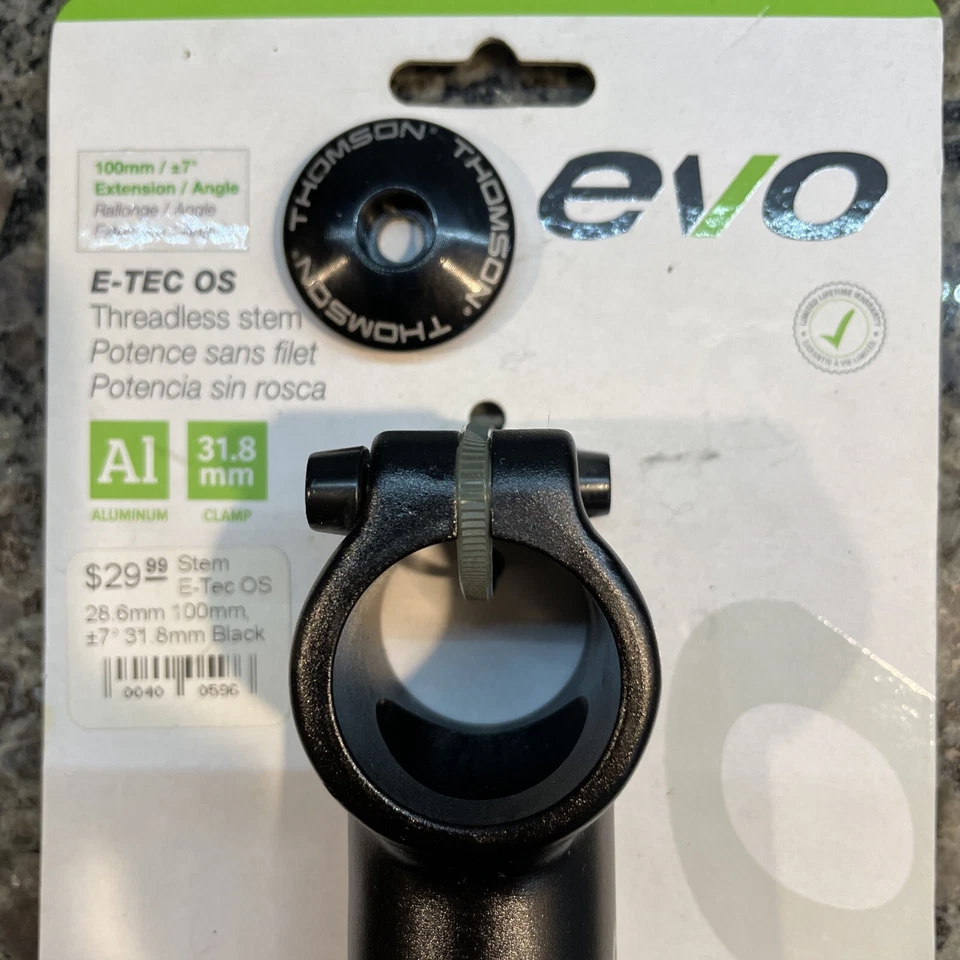 EVO E-Tec OS Stem 28.6mm 100mm Long +/- 7* Ext 31.8mm Black Aluminum w/ STEM CAP - Image 2 of 4