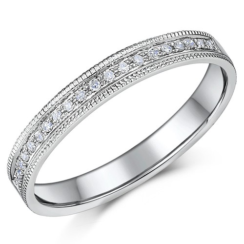 9ct White Gold Diamond Ring 3mm .10ct Diamond & Milgrain Ring Half Eternity - Afbeelding 1 van 2