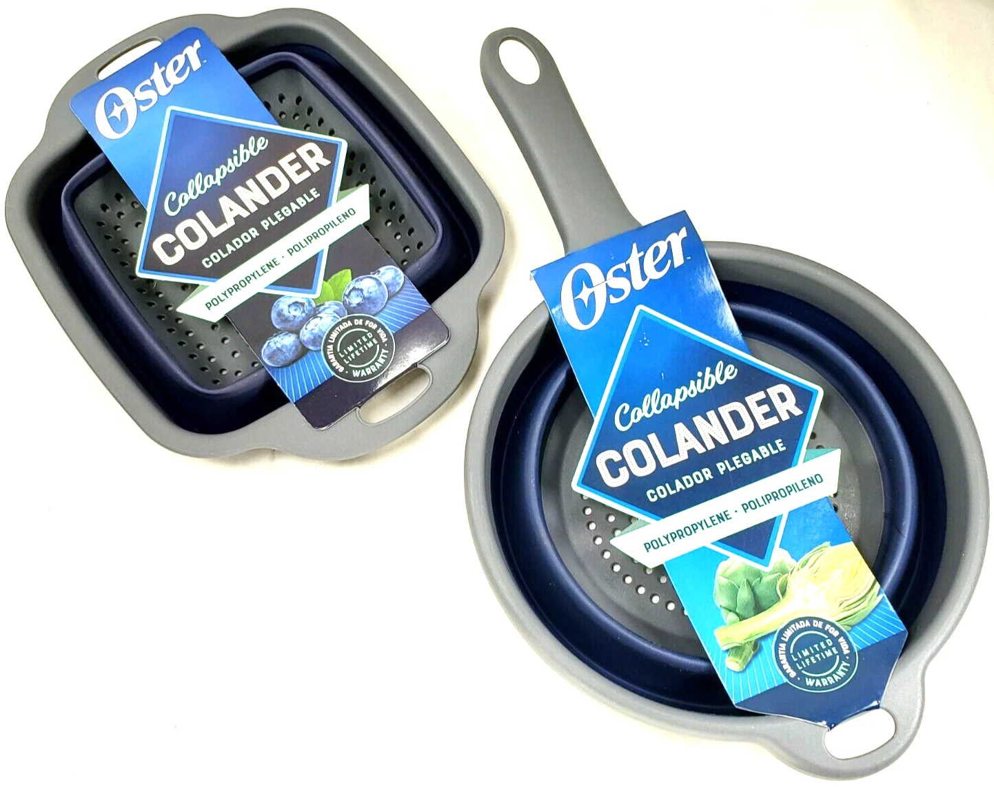 OSTER Collapsible COLANDER Polypropylene Colander Set of 2 Blue & Gray