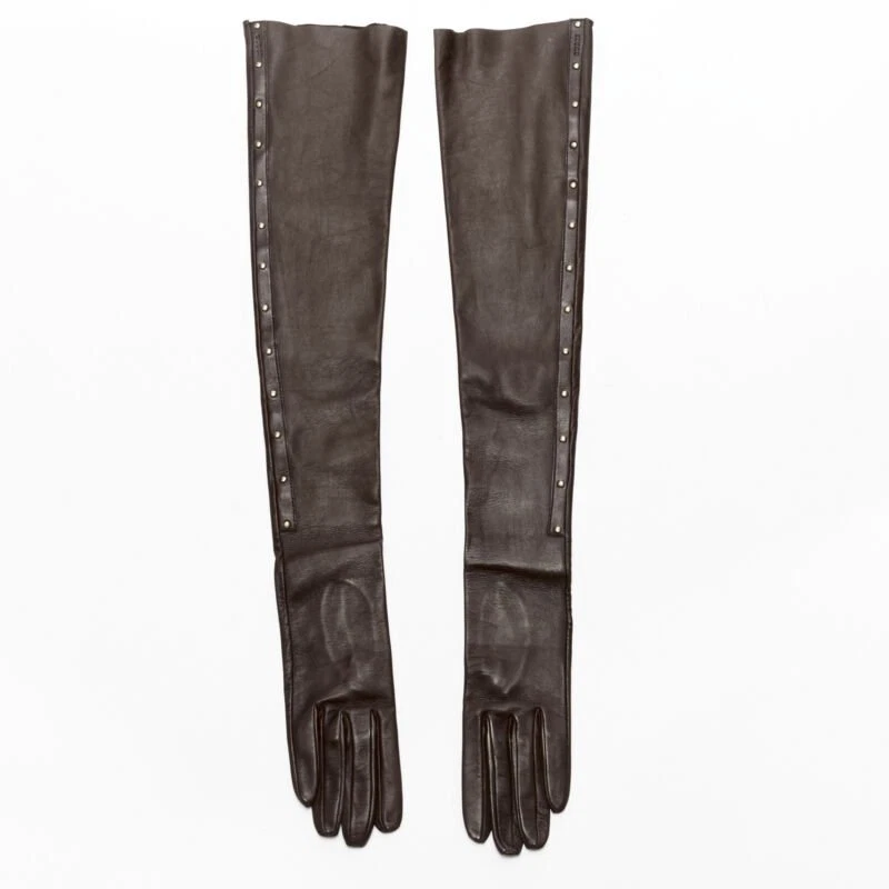 Gants longs vintage GUCCI cuir marron foncé bordure clous dorés taille 7