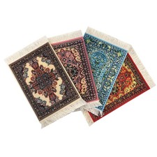 Turkish Oriental Rug Coasters Set of 4 Mini Carpet Drink Coasters w/ Fringe