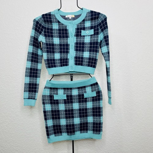 Hazel Moon 2 Pc Skirt Set Size Small Tartan Plaid Knit Cardigan Turquoise Navy - Picture 9 of 15