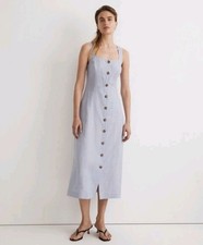NWT Madewell Button Front Midi Dress 100% Linen Pale Blue Size 12