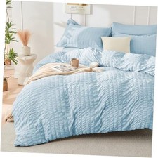 Lake Blue Duvet Cover Queen Size, Ultra Soft 3-Piece Seersucker Duvet Cover