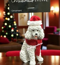 White Poodle Dog Figurine Christmas Tree Ornament With Santa Hat Scarf 3.6  New
