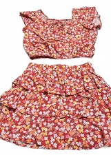 Floral Crop Top Skirt Set Girls Size 10 Tiered Two-Piece Three Pink Hearts NWOT