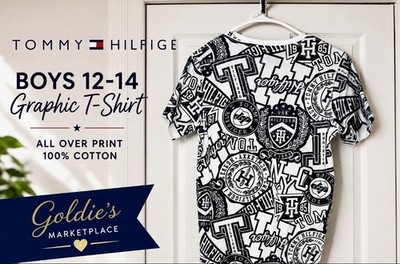 Tommy Hilfiger Boys 12-14 Graphic T-Shirt Black White All Over Print Cotton