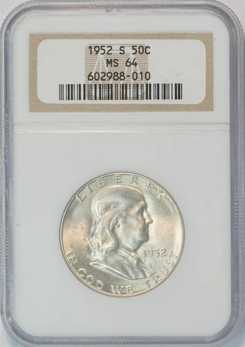 1952 S Franklin Silver Half Dollar MS 64 NGC 50C US COIN