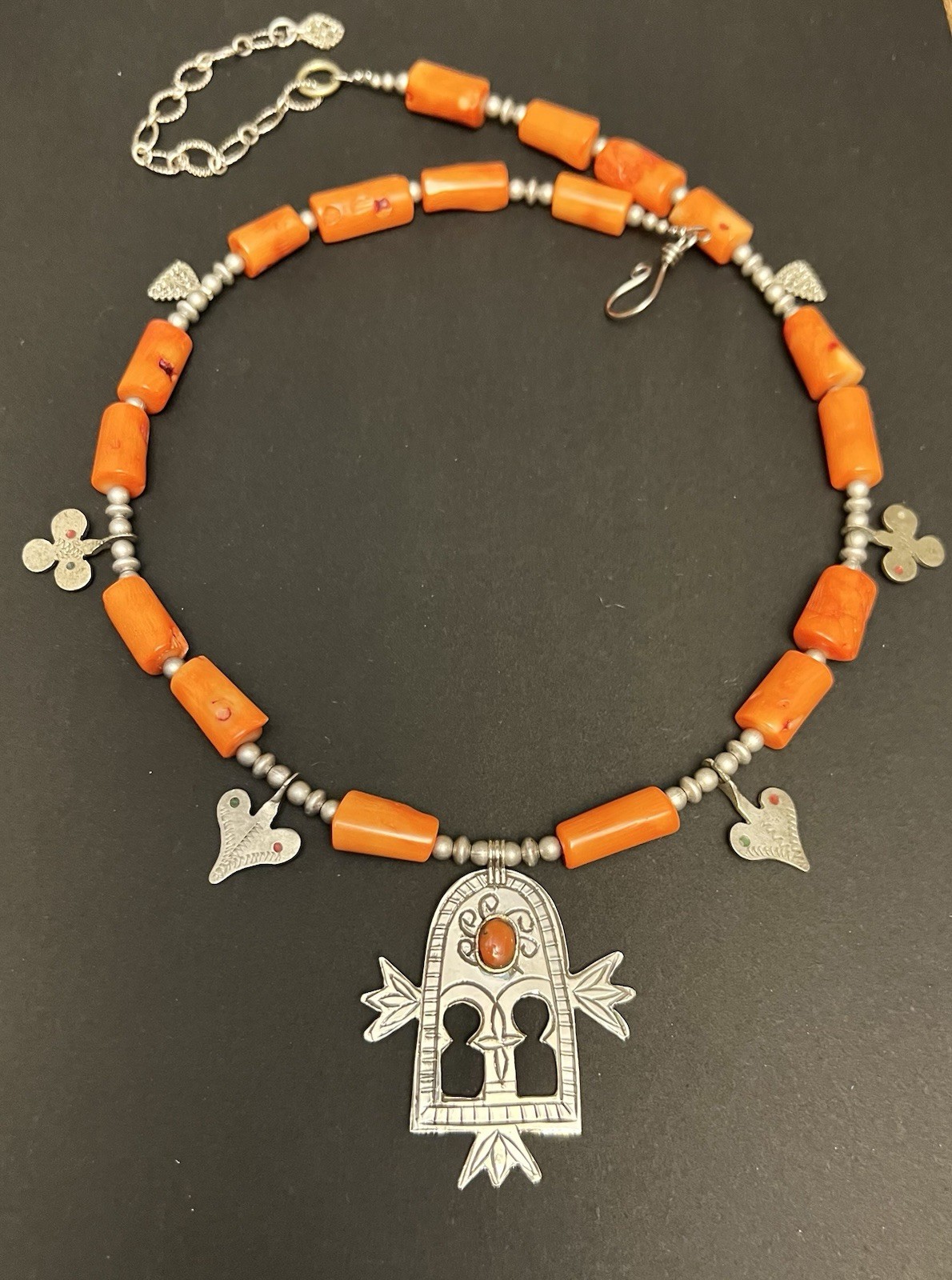Gates of paradise berber Tuareg pendant & vintage Charms Orange Coral Necklace.