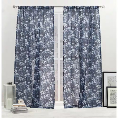 Dara Indigo Floral Light Filtering Rod Pocket Curtain, 54 In. W X 84 In. L (Set