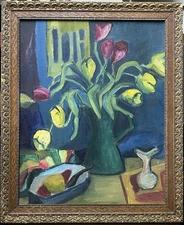 Still Life Oil Painting on Cardboard, Flowers Bouquet, Avant-garde, Framed