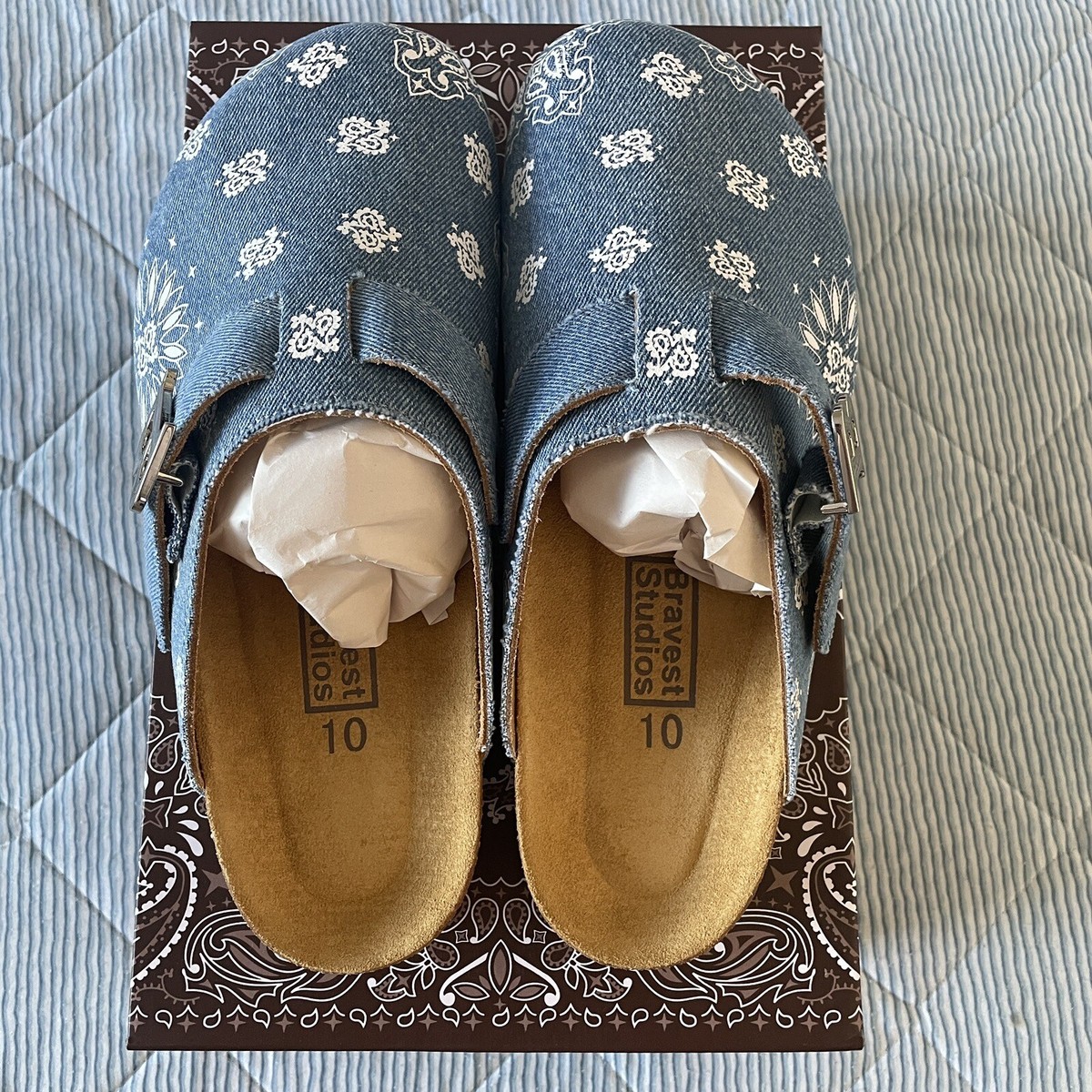 Bravest Studios Mens Size 10 Denim Paisley Mule Clog Box And