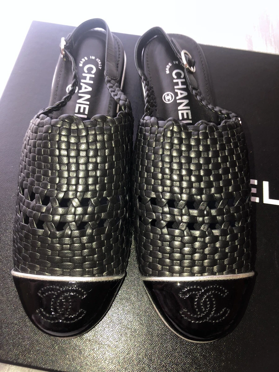 NIB CHANEL WOVEN BLACK LEATHER SLIPPERS SLINGBACK LOAFERS 39.5