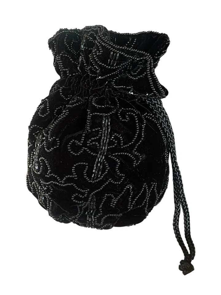 Vintage DELILL Beaded Evening Purse Bag Black Drawstring Mini Bucket - image 3 of 4