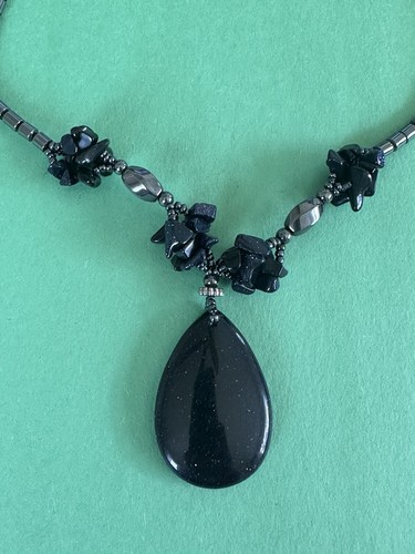 Necklace Black Sparkle Gemstone Gray Hematite Cluster Nugget Statement 16" - Picture 2 of 13