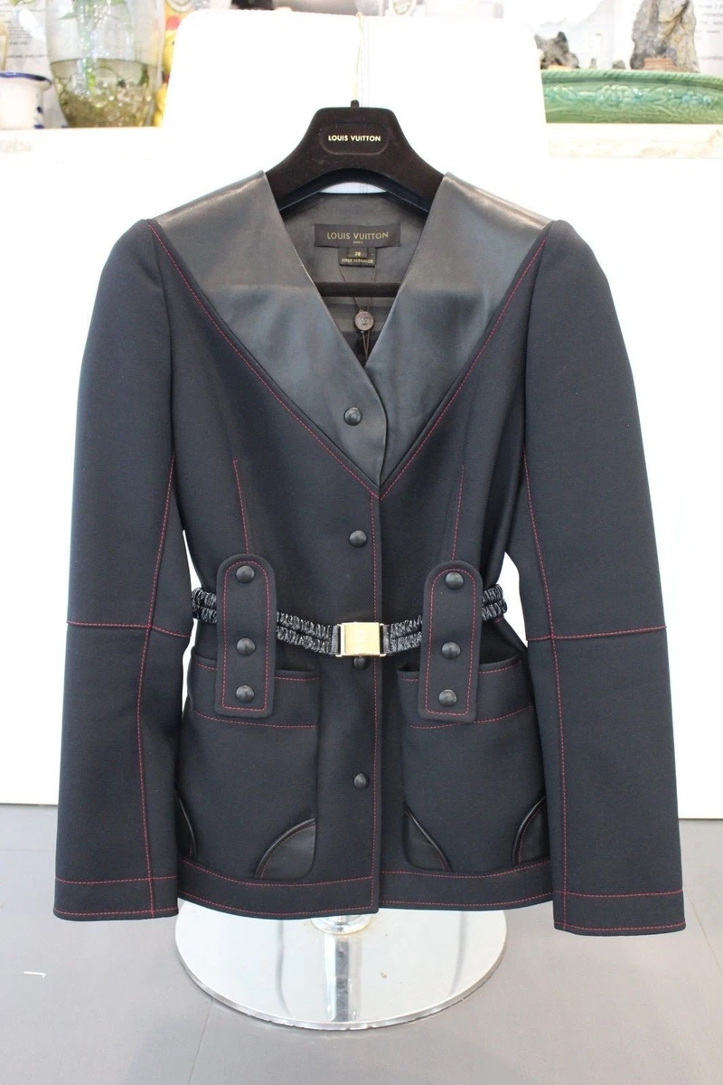 Louis Vuitton Black Coat With Leather Trim & Belt (CA36929) Size Fr 38 / M