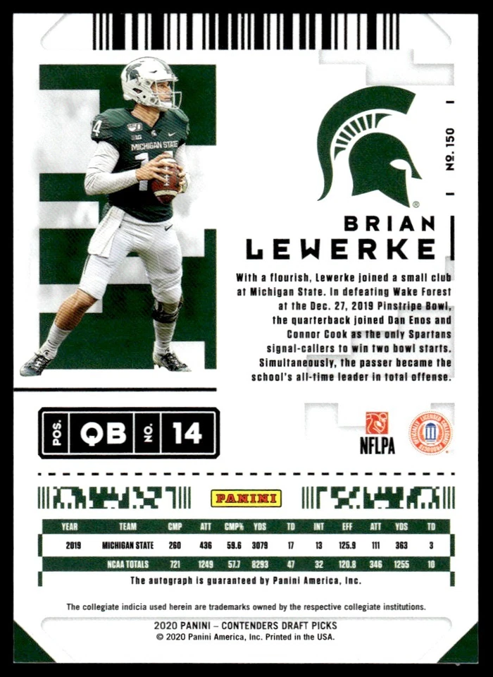 2020 Panini Contenders Draft Picks Ticket Brian Lewerke Auto Michigan State - Image 2 of 2