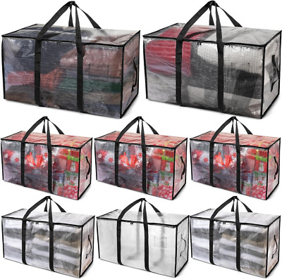 Durable Clear Moving Bags with Straps & Zippers - 8 Pack Storage Solution