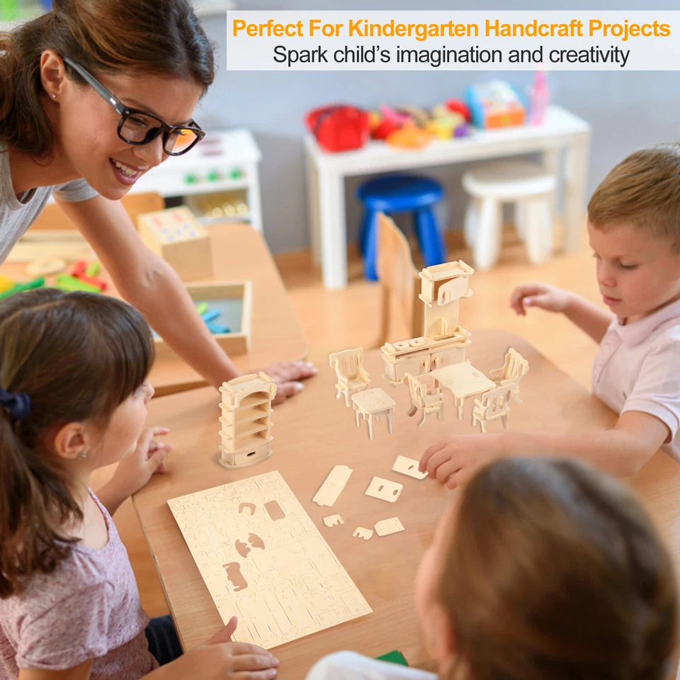 34Pcs 3D Wooden Puzzle DIY Miniature Furniture Dollhouse Building Mode Xmas Gift - Image 3 of 4