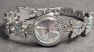 Vintage BWC Womens Bracelet Watch Silver Tone Metal Butterfly Band Blue Gemstone