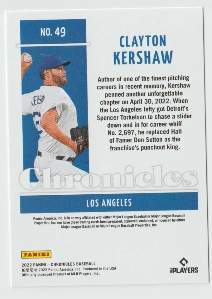2022 Panini Chronicles #49 Clayton Kershaw - Los Angeles Dodgers - Image 2 of 2