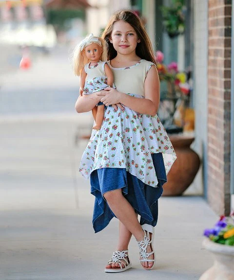 Lilli Lovebird Oatmeal Denim Blue Floral Pixel Handkerchief Dress Doll Dress