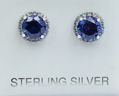 GENUINE 3.56 Ct BLUE & WHITE SAPPHIRES STUD EARRINGS .925 Silver -New With Tag