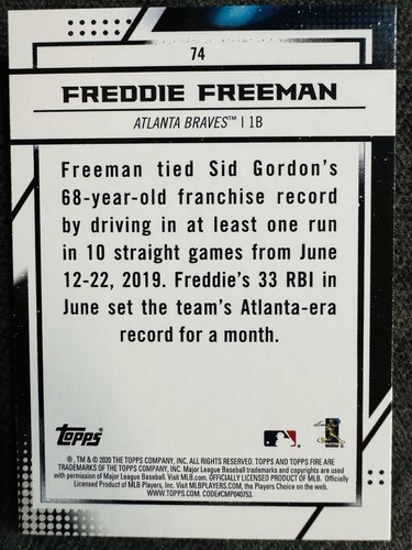 Freddie Freeman 2020 Topps Fire Red Flame #74 Braves Dodgers - Picture 2 of 2