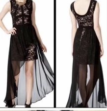 NW Nightway Women’s SZ 8 Black Lace Nude Hi Low Party Sleeveless Dress