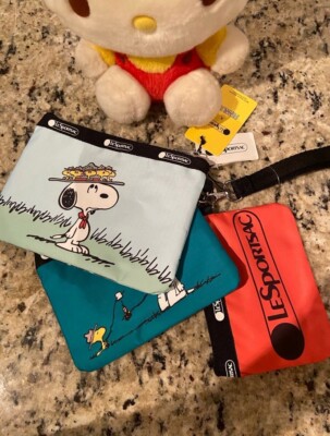 Nwt Lesportsac Camp Scout Snoopy Woodstock  3 piece pouch  Wristlet Set