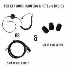 Mini XLR 5-Pin Cable & Mic Cover for Dual Muff Headsets | Kenwood/Baofeng Radios