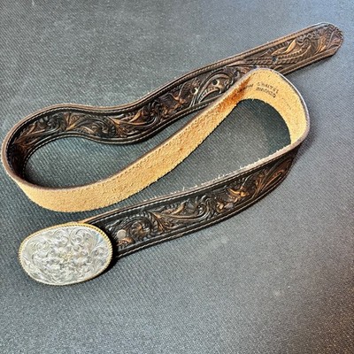 Vtg Crumrine El Arturo Western Belt Buckle Floral Scroll Rope Edge With Belt