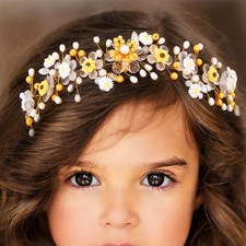 Wedding Flower Girl Headpiece Yellow Pearl Sunflower Prom Headband Crystal