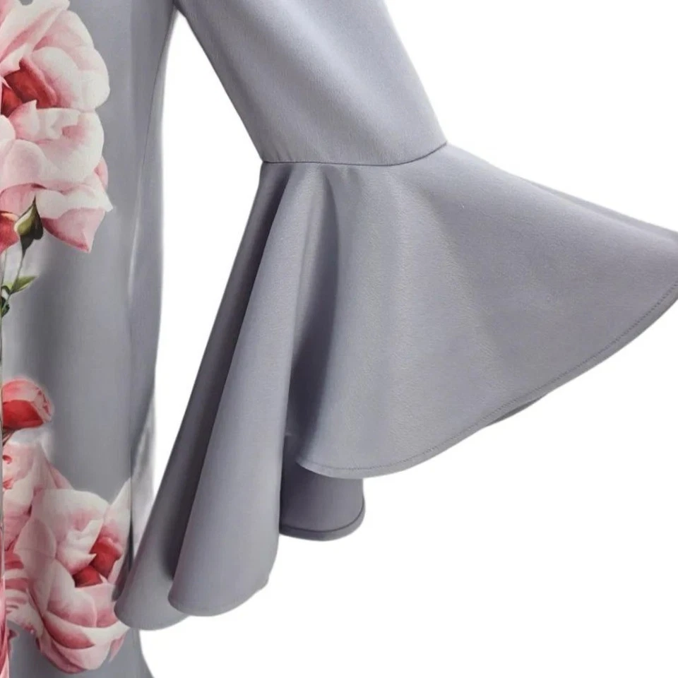 Ted Baker London Womens 8 Dress Sayda Iguaza Bell Sleeve Floral Gray Mini Shift - Image 3 of 4