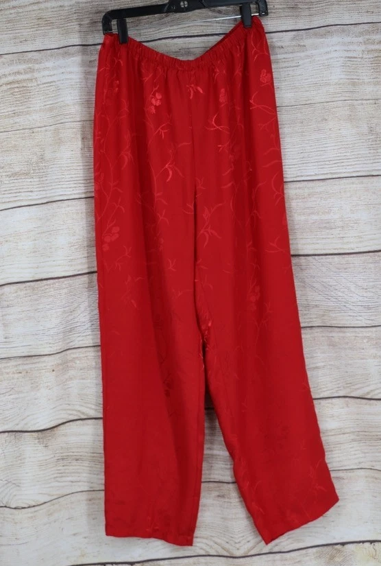 Womens Size Large Pull On Wide Leg Satin Pajama Pants & Button Up Top Set Red - Image 2 of 4