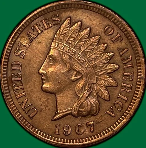 1907 Indian Head Cent Almost Uncirculated AU Coin #36085